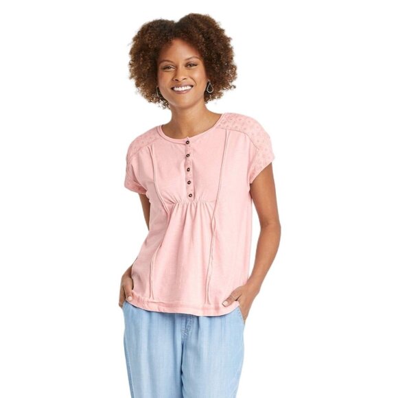 Knox Rose Tops - Knox Rose Women's Light Pink Henley Style SS Shirt w/ North Star Embroidery